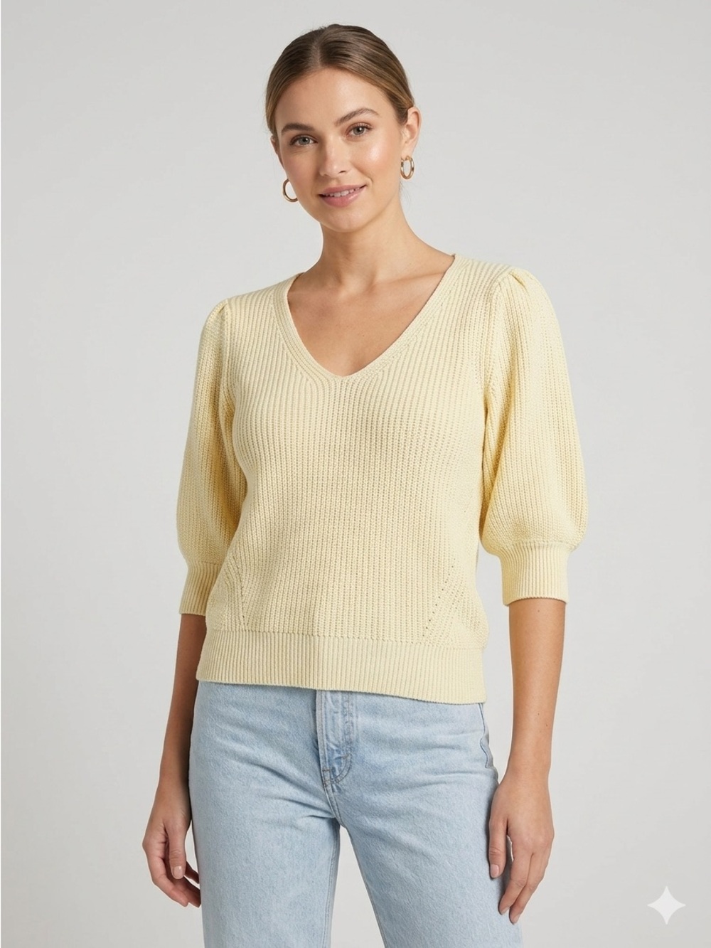 Gentle Fawn Pastel Yellow Knit Puff Sleeve V-Neck Sweater Size M